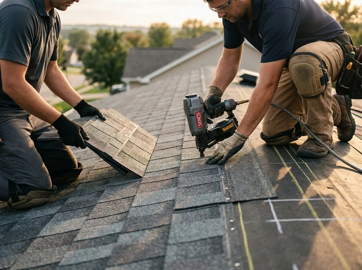 Professional roofer working on a residential roof in Eastvale
